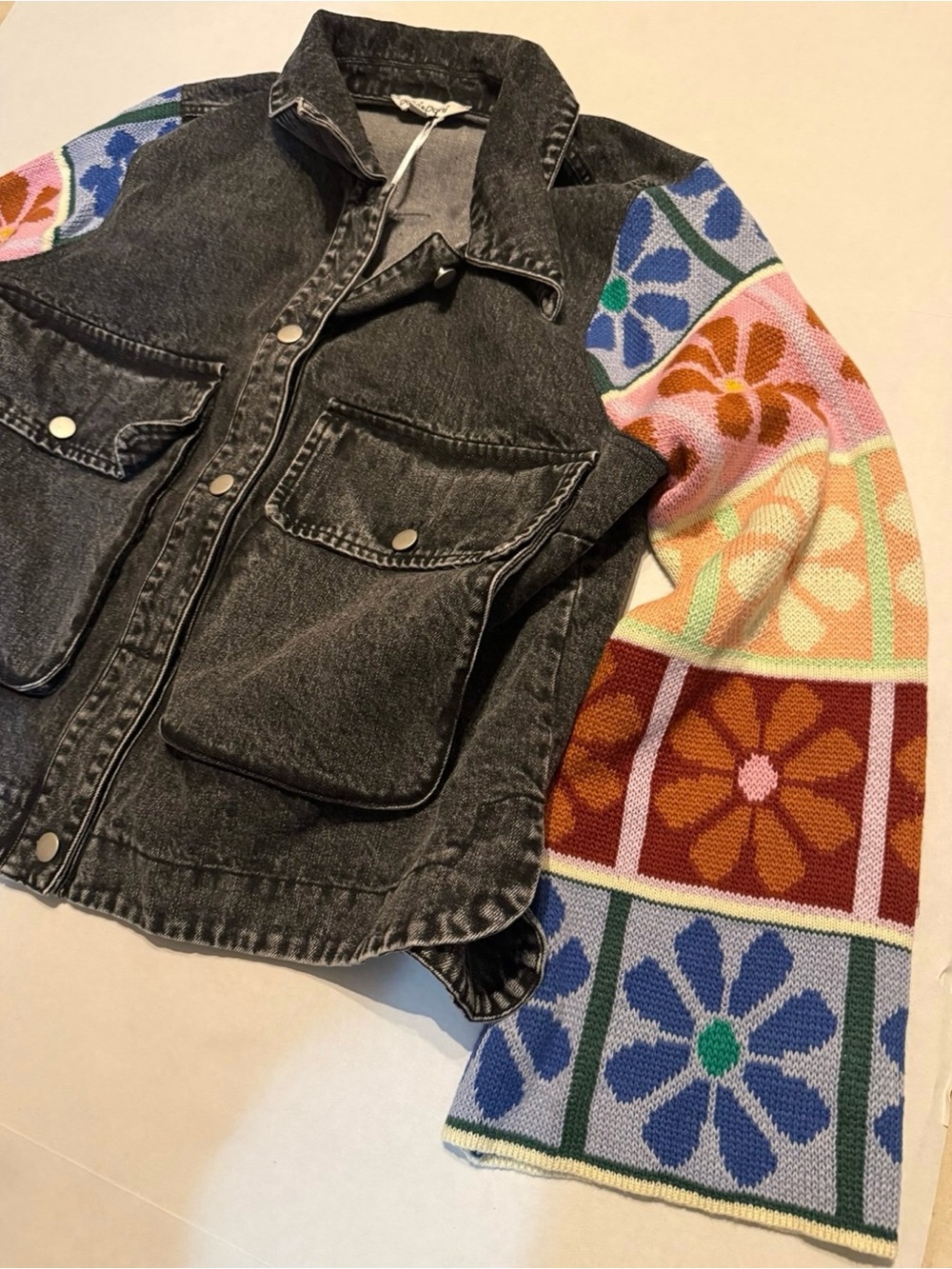 DAVI & DANI Women's
Adjustable Cuffs Multi Patch Denim Jacket (black denim) - Picture 4 of 10